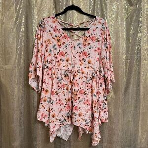 Torrid Light Pink Floral Criss Cross Back Flowy Handkerchief Hem Top 0/Large